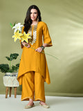 Myshka Women's Embroidered Keyhole Neck Bell Sleeves Kurta & Palazzos Sets in Mustard Color