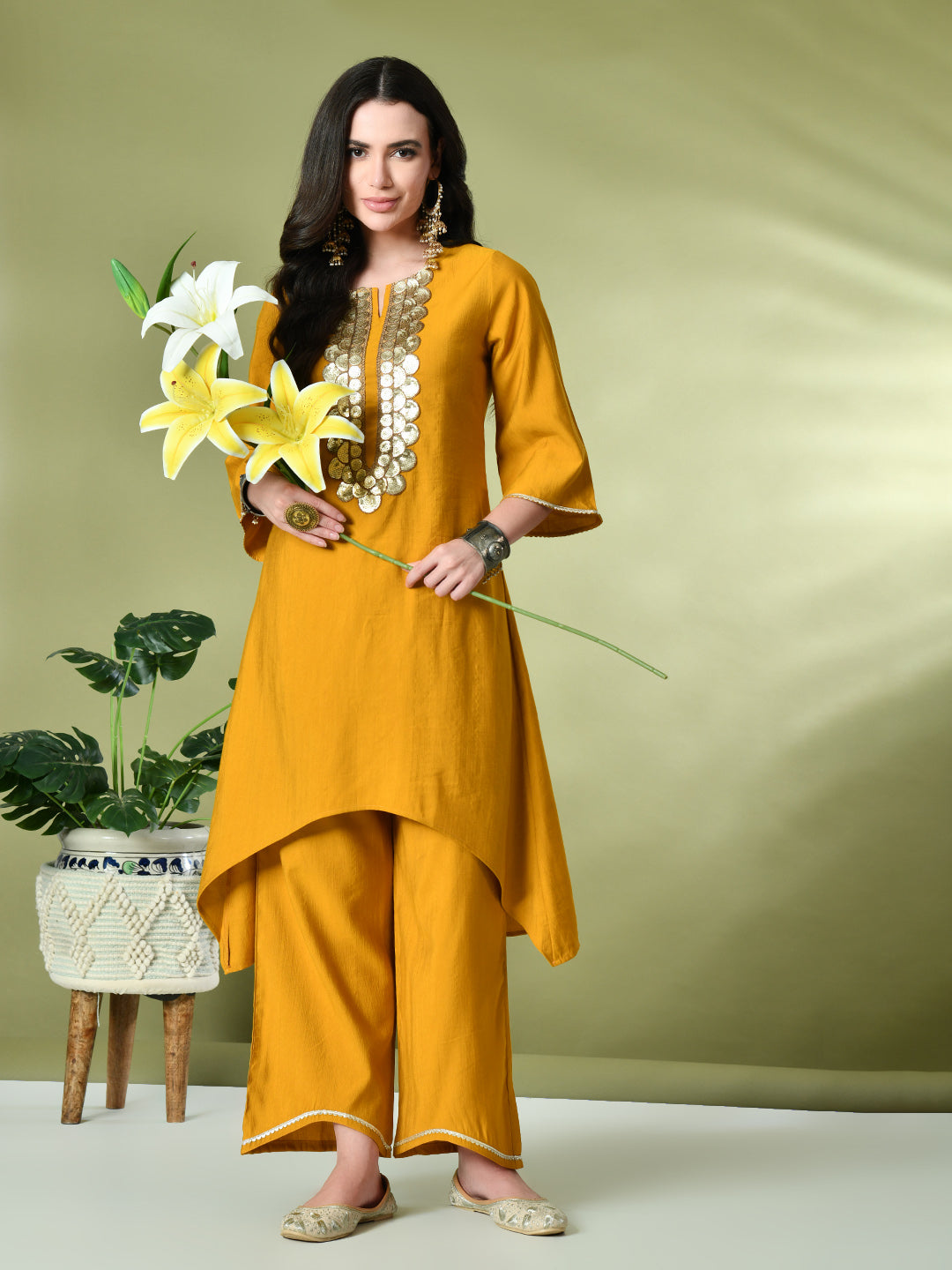 Myshka Women's Embroidered Keyhole Neck Bell Sleeves Kurta & Palazzos Sets in Mustard Color