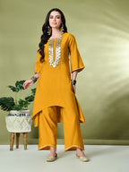Myshka Women's Embroidered Keyhole Neck Bell Sleeves Kurta & Palazzos Sets in Mustard Color