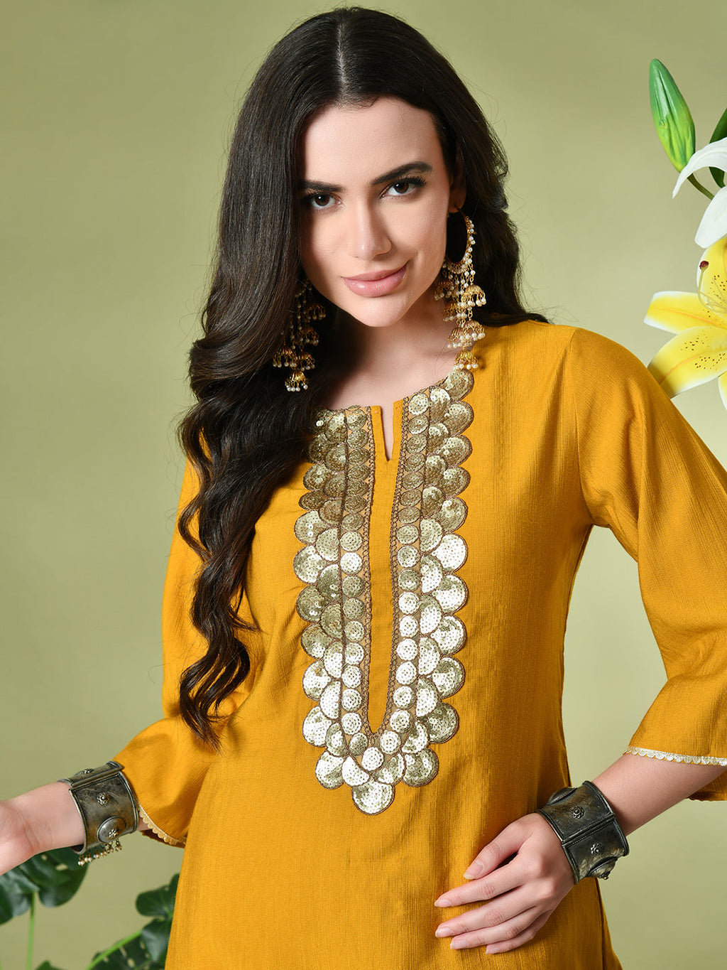 Myshka Women's Embroidered Keyhole Neck Bell Sleeves Kurta & Palazzos Sets in Mustard Color