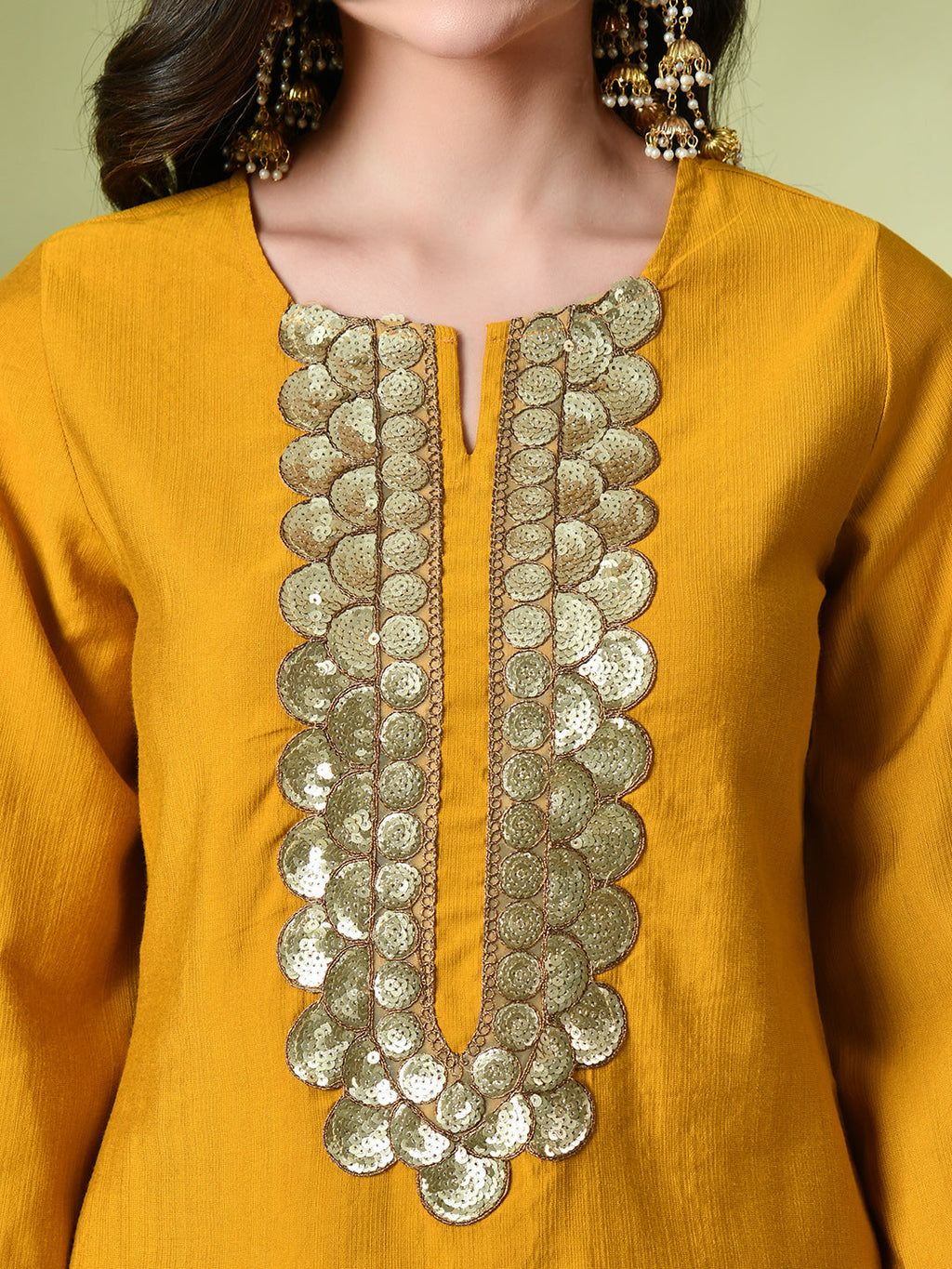 Myshka Women's Embroidered Keyhole Neck Bell Sleeves Kurta & Palazzos Sets in Mustard Color