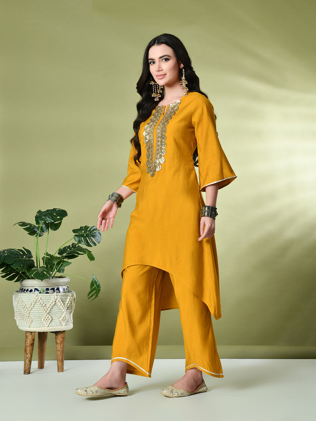 Myshka Women's Embroidered Keyhole Neck Bell Sleeves Kurta & Palazzos Sets in Mustard Color