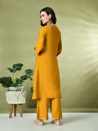Myshka Women's Embroidered Keyhole Neck Bell Sleeves Kurta & Palazzos Sets in Mustard Color