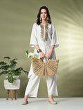 Myshka Women's Embroidered Keyhole Neck Bell Sleeves Kurta & Palazzos Sets in White Color