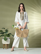 Myshka Women's Embroidered Keyhole Neck Bell Sleeves Kurta & Palazzos Sets in White Color