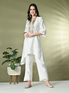 Myshka Women's Embroidered Keyhole Neck Bell Sleeves Kurta & Palazzos Sets in White Color