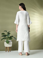 Myshka Women's Embroidered Keyhole Neck Bell Sleeves Kurta & Palazzos Sets in White Color