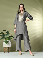 Myshka Women's Embroidered Keyhole Neck Bell Sleeves Kurta & Palazzos Sets in Grey Color