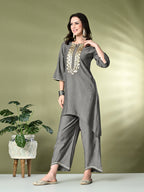 Myshka Women's Embroidered Keyhole Neck Bell Sleeves Kurta & Palazzos Sets in Grey Color