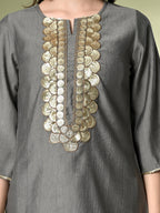 Myshka Women's Embroidered Keyhole Neck Bell Sleeves Kurta & Palazzos Sets in Grey Color
