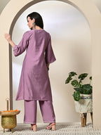 Myshka Women's Embroidered Keyhole Neck Bell Sleeves Kurta & Palazzos Sets in Lavender Color