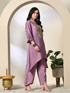 Myshka Women's Embroidered Keyhole Neck Bell Sleeves Kurta & Palazzos Sets in Lavender Color
