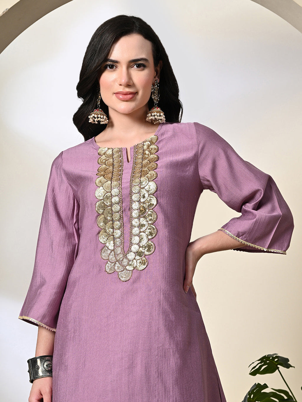 Myshka Women's Embroidered Keyhole Neck Bell Sleeves Kurta & Palazzos Sets in Lavender Color