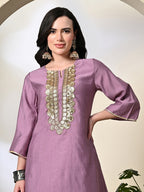 Myshka Women's Embroidered Keyhole Neck Bell Sleeves Kurta & Palazzos Sets in Lavender Color