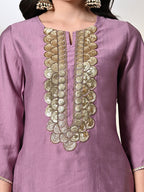 Myshka Women's Embroidered Keyhole Neck Bell Sleeves Kurta & Palazzos Sets in Lavender Color