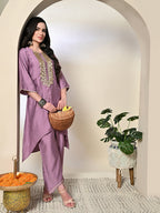 Myshka Women's Embroidered Keyhole Neck Bell Sleeves Kurta & Palazzos Sets in Lavender Color