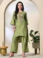 Myshka Women's Embroidered Keyhole Neck Bell Sleeves Kurta & Palazzos Sets in Green Color