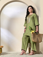 Myshka Women's Embroidered Keyhole Neck Bell Sleeves Kurta & Palazzos Sets in Green Color