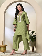 Myshka Women's Embroidered Keyhole Neck Bell Sleeves Kurta & Palazzos Sets in Green Color