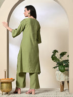 Myshka Women's Embroidered Keyhole Neck Bell Sleeves Kurta & Palazzos Sets in Green Color