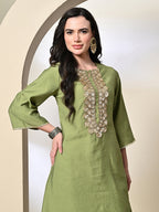 Myshka Women's Embroidered Keyhole Neck Bell Sleeves Kurta & Palazzos Sets in Green Color