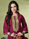 Myshka Women's Embroidered Keyhole Neck Bell Sleeves Kurta & Palazzos Sets in Magenta Color