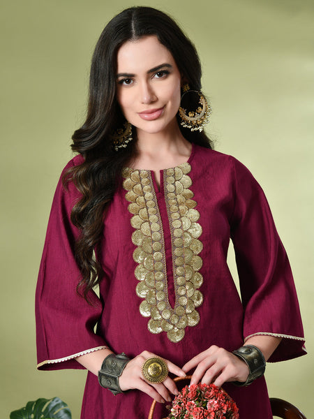 Myshka Women's Embroidered Keyhole Neck Bell Sleeves Kurta & Palazzos Sets in Magenta Color