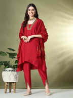 Myshka Women's Solid V-Neck Bell Sleeves Kurta & Dhoti Pants With Dupatta Sets in Red Color