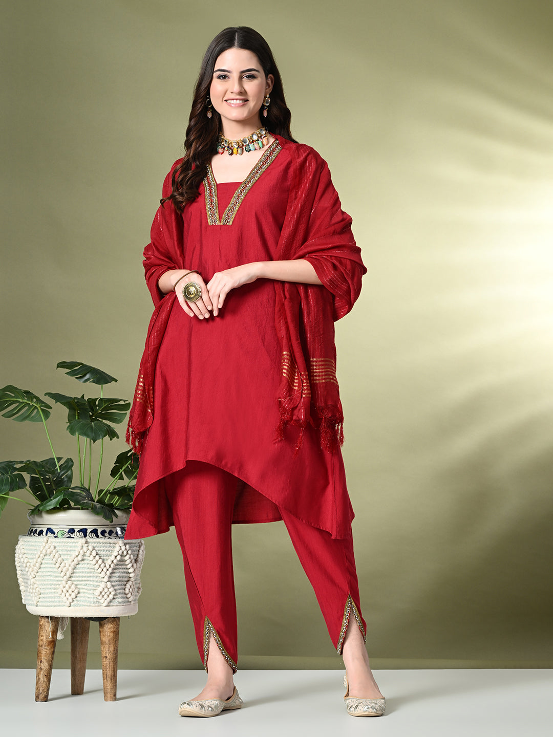Myshka Women's Solid V-Neck Bell Sleeves Kurta & Dhoti Pants With Dupatta Sets in Red Color