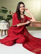 Myshka Women's Solid V-Neck Bell Sleeves Kurta & Dhoti Pants With Dupatta Sets in Red Color