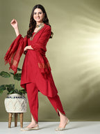 Myshka Women's Solid V-Neck Bell Sleeves Kurta & Dhoti Pants With Dupatta Sets in Red Color