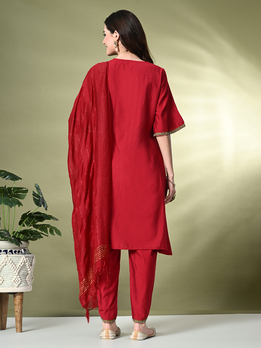 Myshka Women's Solid V-Neck Bell Sleeves Kurta & Dhoti Pants With Dupatta Sets in Red Color