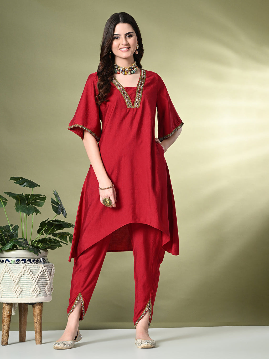 Myshka Women's Solid V-Neck Bell Sleeves Kurta & Dhoti Pants With Dupatta Sets in Red Color