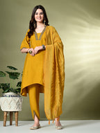 Myshka Women's Solid V-Neck Bell Sleeves Kurta & Dhoti Pants With Dupatta Sets in Mustard Color
