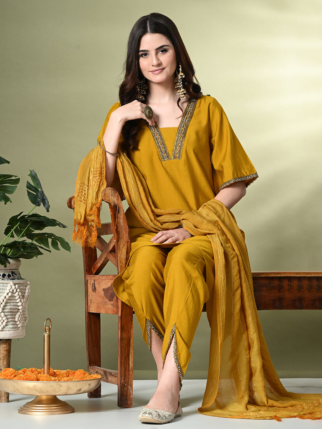 Myshka Women's Solid V-Neck Bell Sleeves Kurta & Dhoti Pants With Dupatta Sets in Mustard Color
