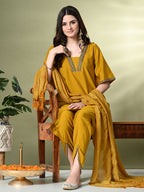 Myshka Women's Solid V-Neck Bell Sleeves Kurta & Dhoti Pants With Dupatta Sets in Mustard Color
