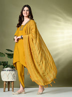 Myshka Women's Solid V-Neck Bell Sleeves Kurta & Dhoti Pants With Dupatta Sets in Mustard Color
