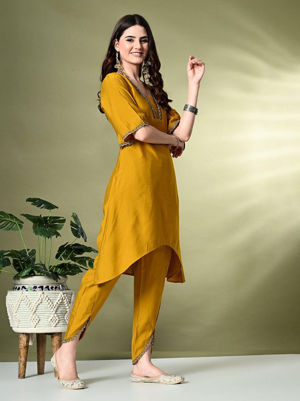 Myshka Women's Solid V-Neck Bell Sleeves Kurta & Dhoti Pants With Dupatta Sets in Mustard Color