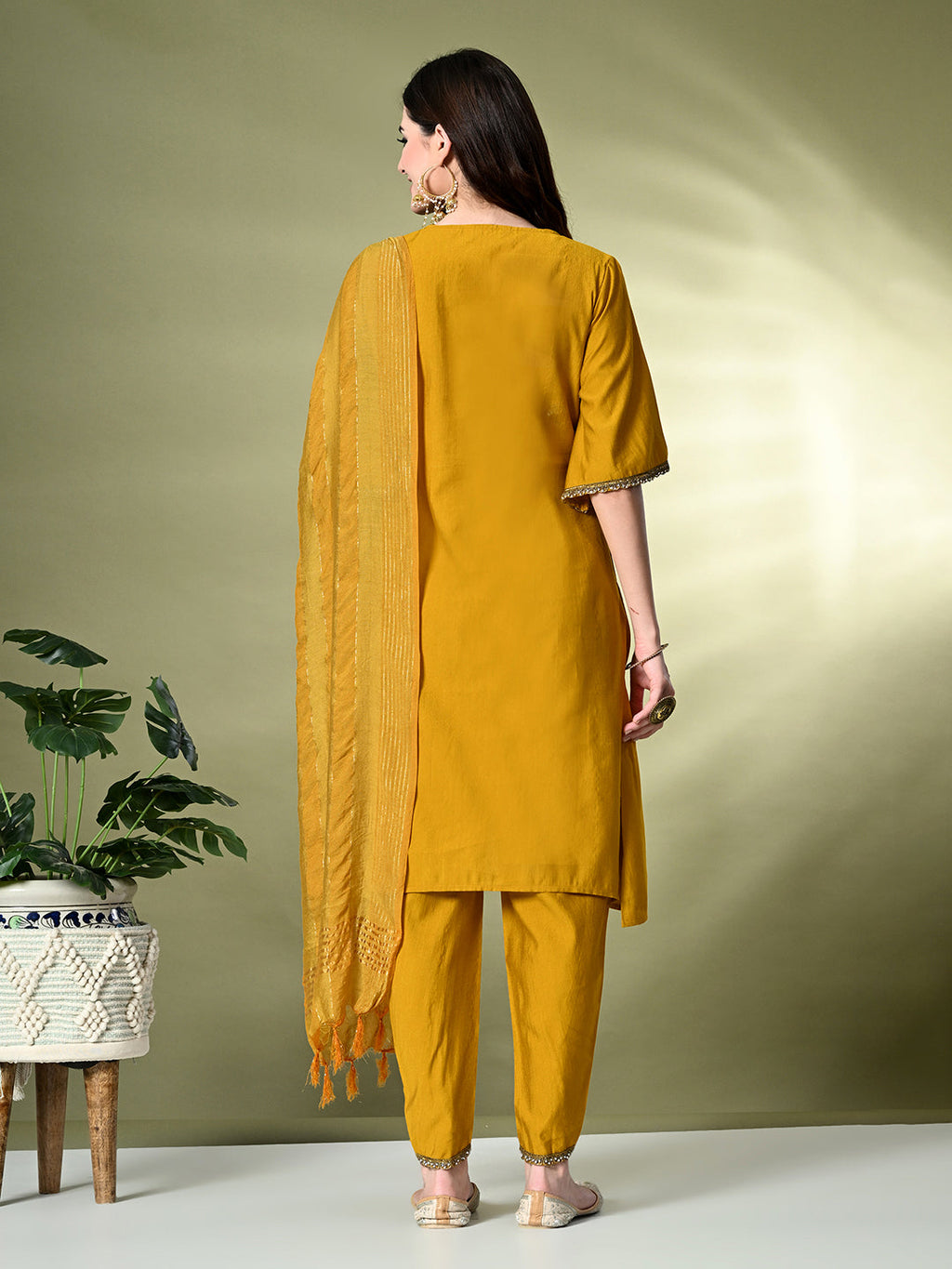 Myshka Women's Solid V-Neck Bell Sleeves Kurta & Dhoti Pants With Dupatta Sets in Mustard Color