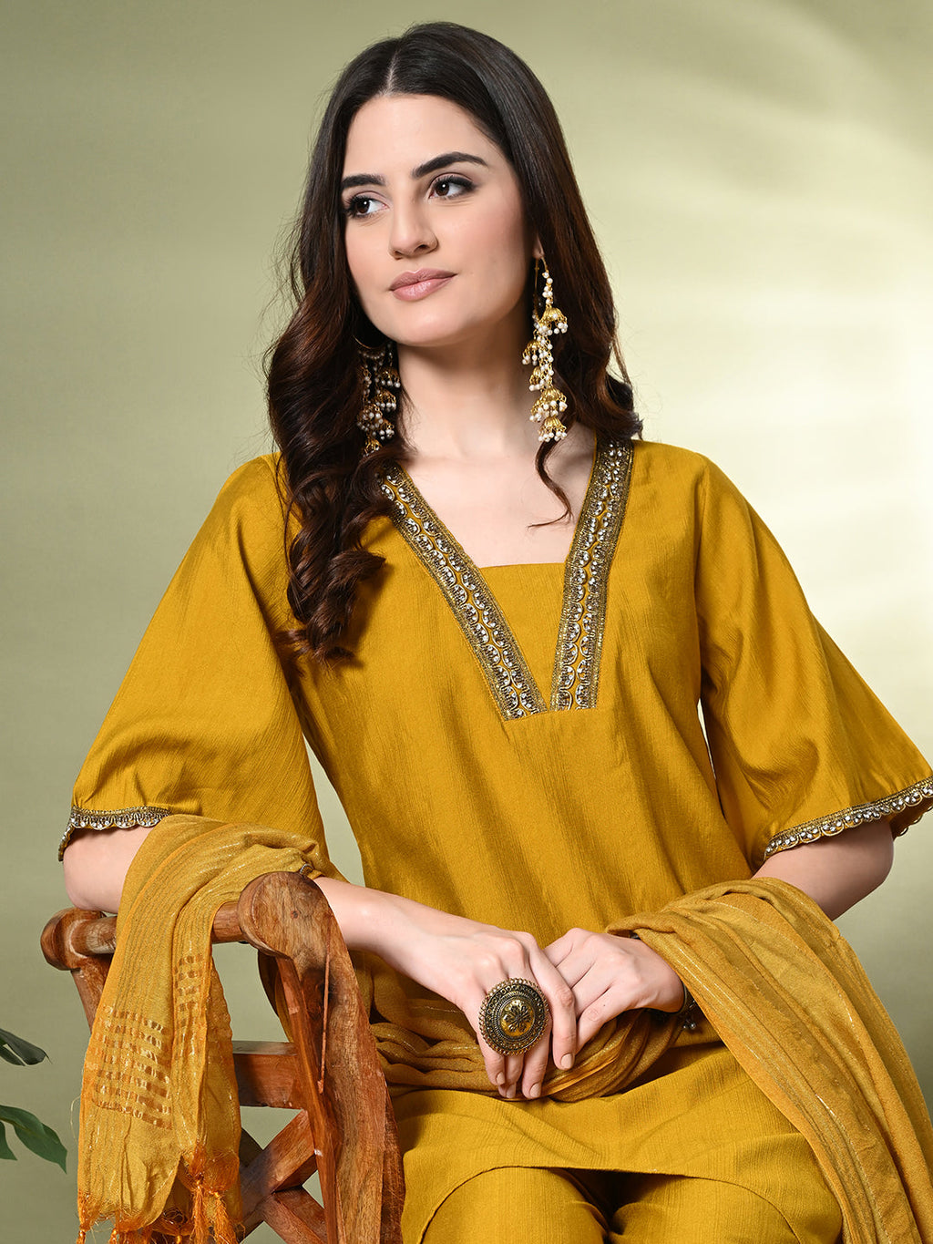 Myshka Women's Solid V-Neck Bell Sleeves Kurta & Dhoti Pants With Dupatta Sets in Mustard Color