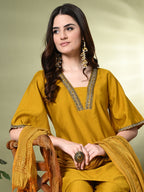 Myshka Women's Solid V-Neck Bell Sleeves Kurta & Dhoti Pants With Dupatta Sets in Mustard Color