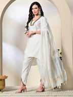 Myshka Women's Solid V-Neck Bell Sleeves Kurta & Dhoti Pants With Dupatta Sets in White Color