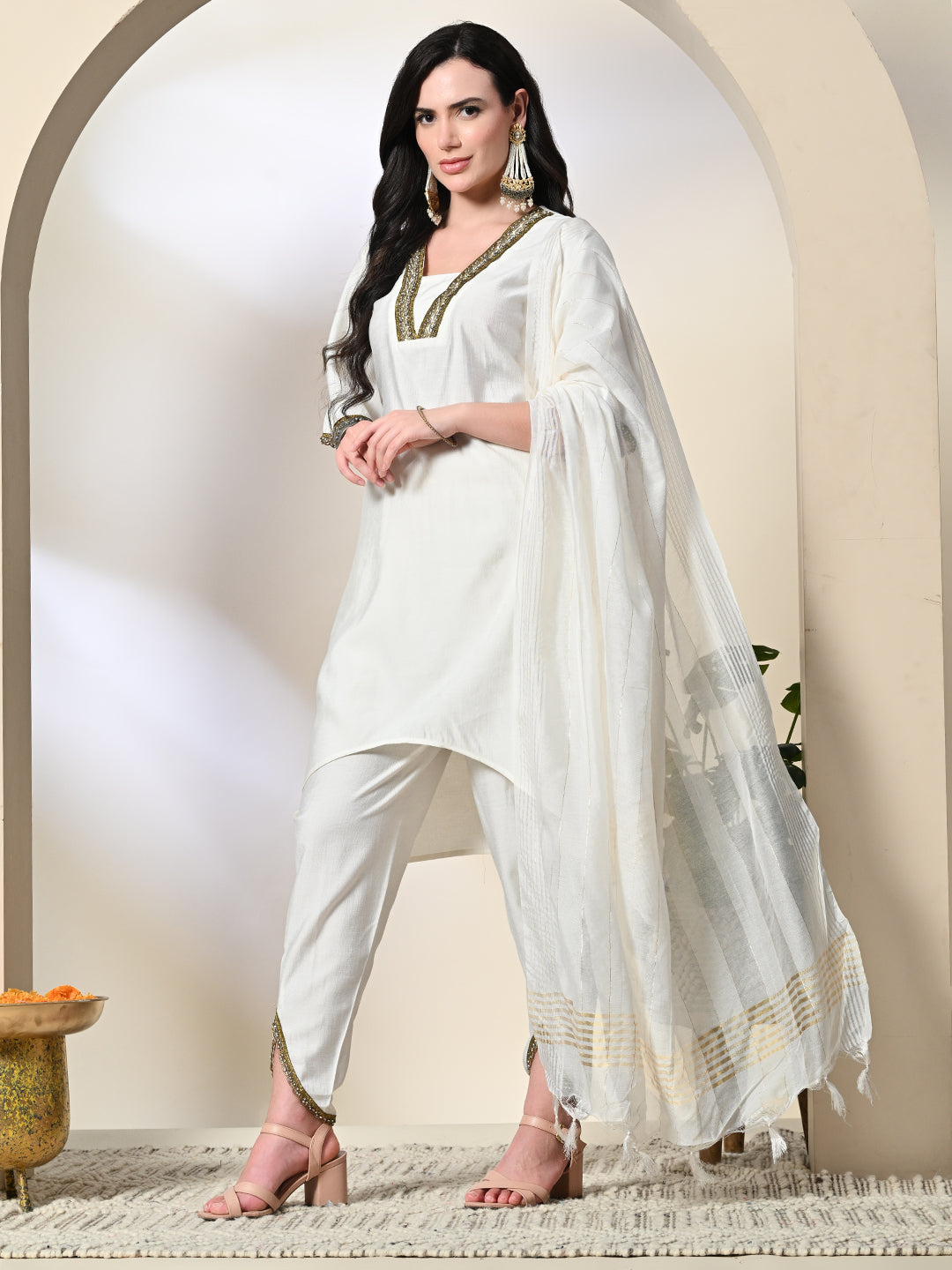 Myshka Women's Solid V-Neck Bell Sleeves Kurta & Dhoti Pants With Dupatta Sets in White Color