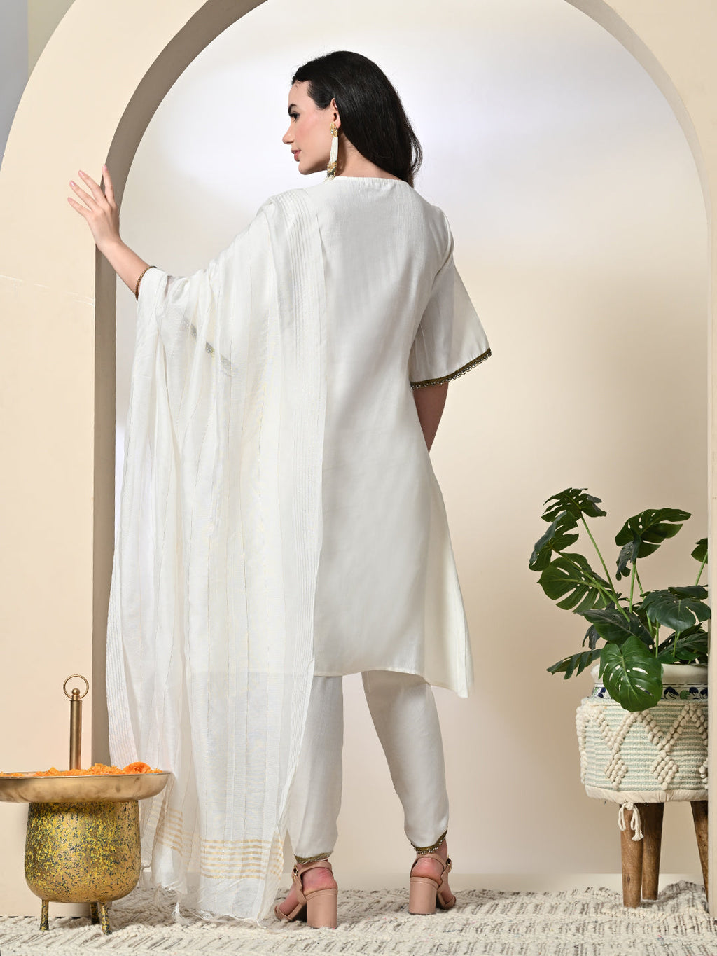 Myshka Women's Solid V-Neck Bell Sleeves Kurta & Dhoti Pants With Dupatta Sets in White Color