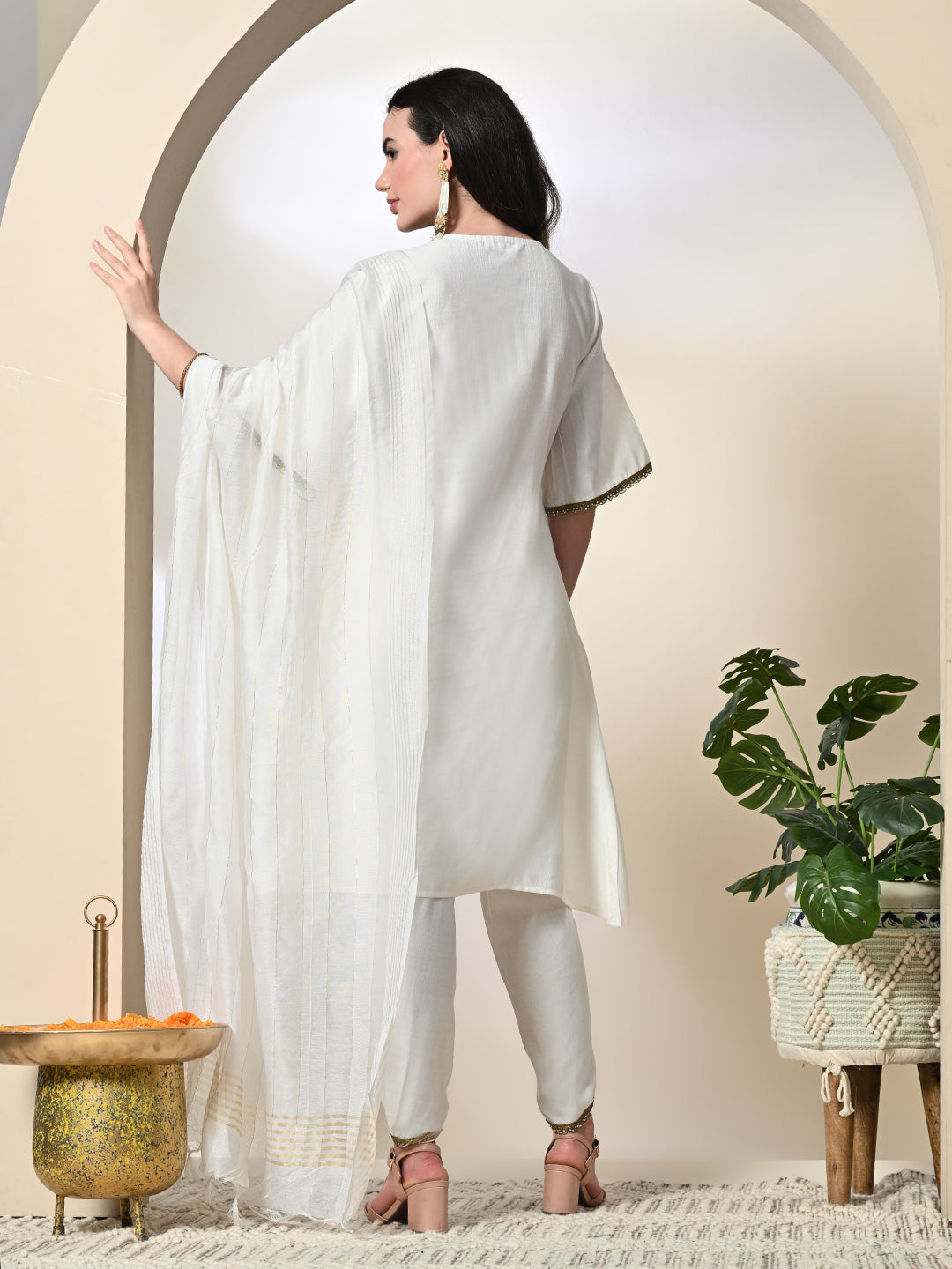 Myshka Women's Solid V-Neck Bell Sleeves Kurta & Dhoti Pants With Dupatta Sets in White Color