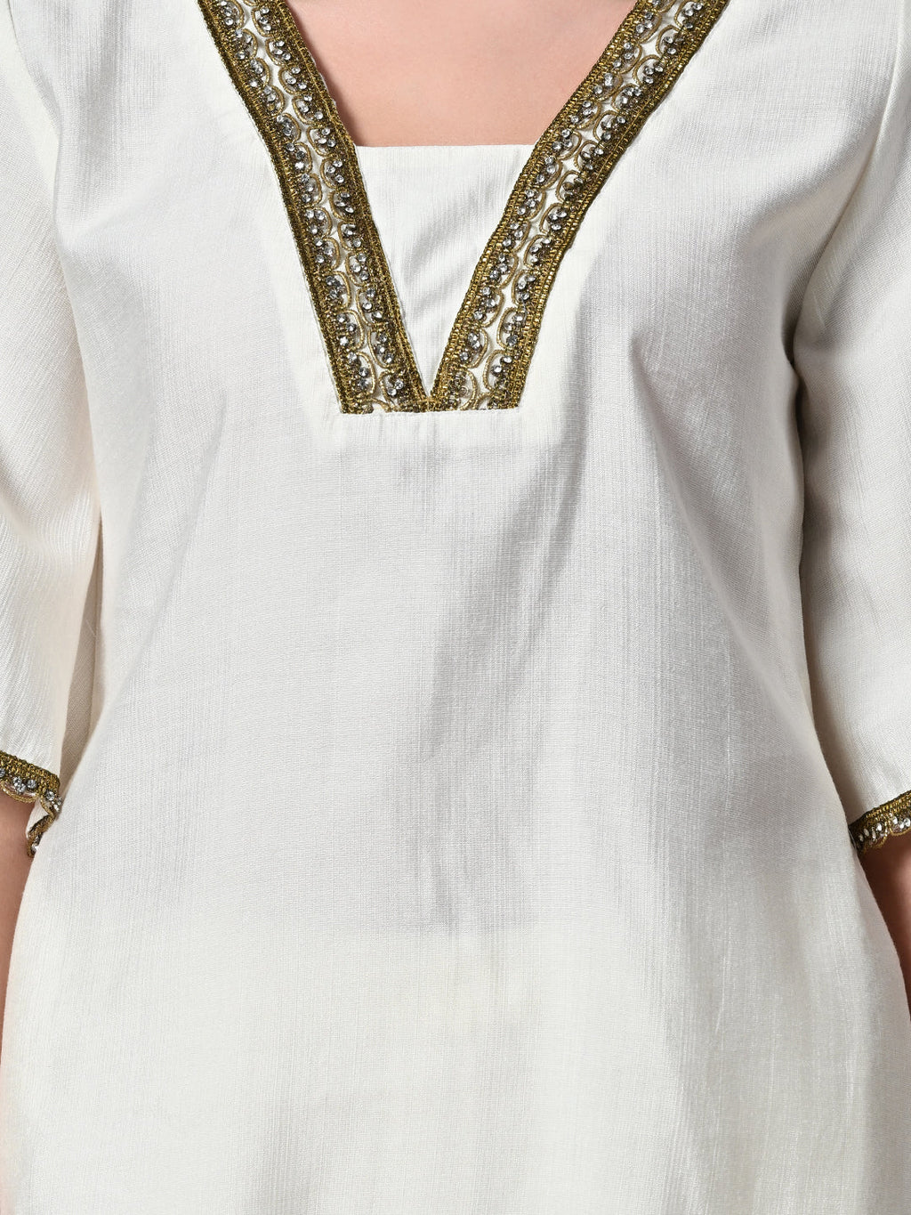 Myshka Women's Solid V-Neck Bell Sleeves Kurta & Dhoti Pants With Dupatta Sets in White Color