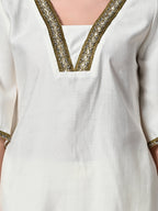 Myshka Women's Solid V-Neck Bell Sleeves Kurta & Dhoti Pants With Dupatta Sets in White Color