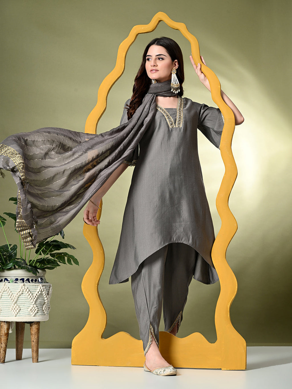 Myshka Women's Solid V-Neck Bell Sleeves Kurta & Dhoti Pants With Dupatta Sets in Grey Color
