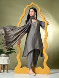Myshka Women's Solid V-Neck Bell Sleeves Kurta & Dhoti Pants With Dupatta Sets in Grey Color