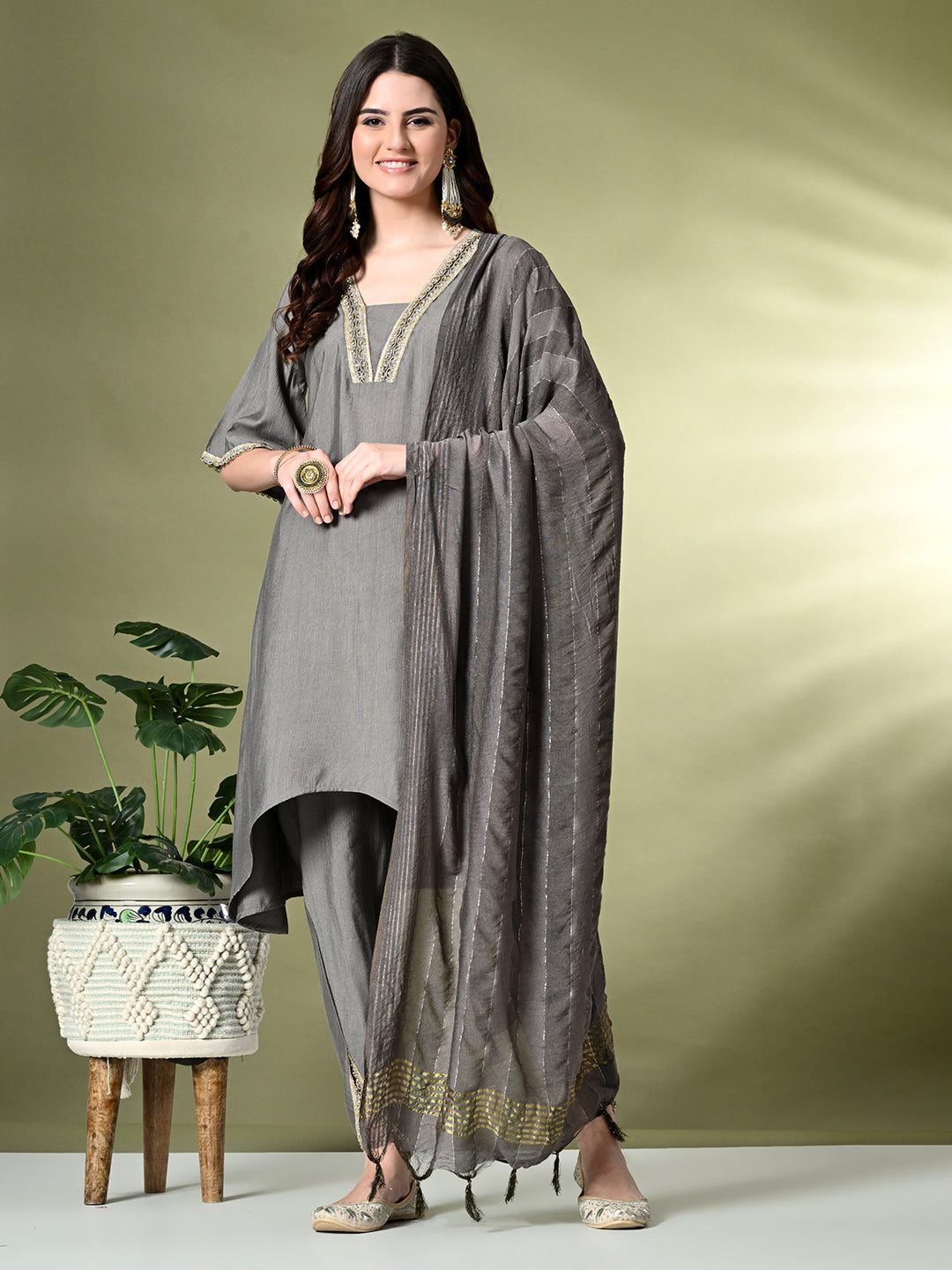 Myshka Women's Solid V-Neck Bell Sleeves Kurta & Dhoti Pants With Dupatta Sets in Grey Color